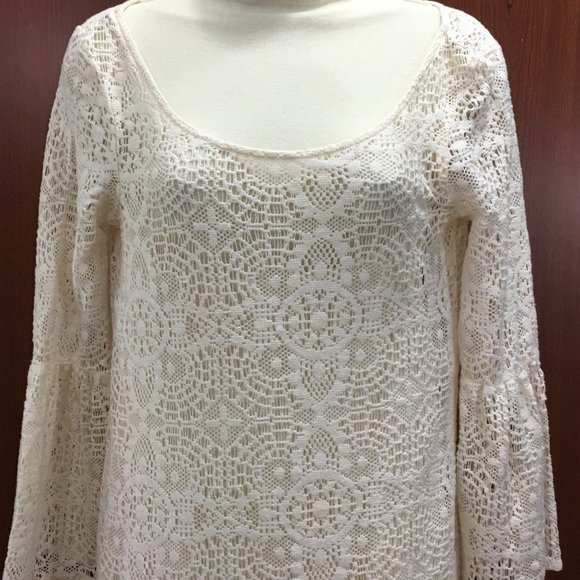 American Eagle Outfitters S Boho Dress Bell Sleeve Romantic Crochet Lace Creme - Picture 5 of 10